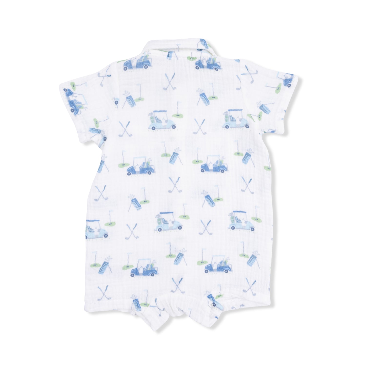 Baby romper with blue car pattern on a white background