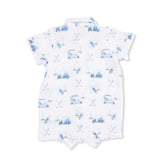 Baby romper with blue car pattern on a white background