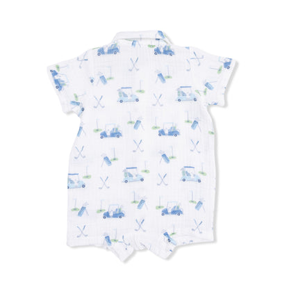 Baby romper with blue car pattern on a white background