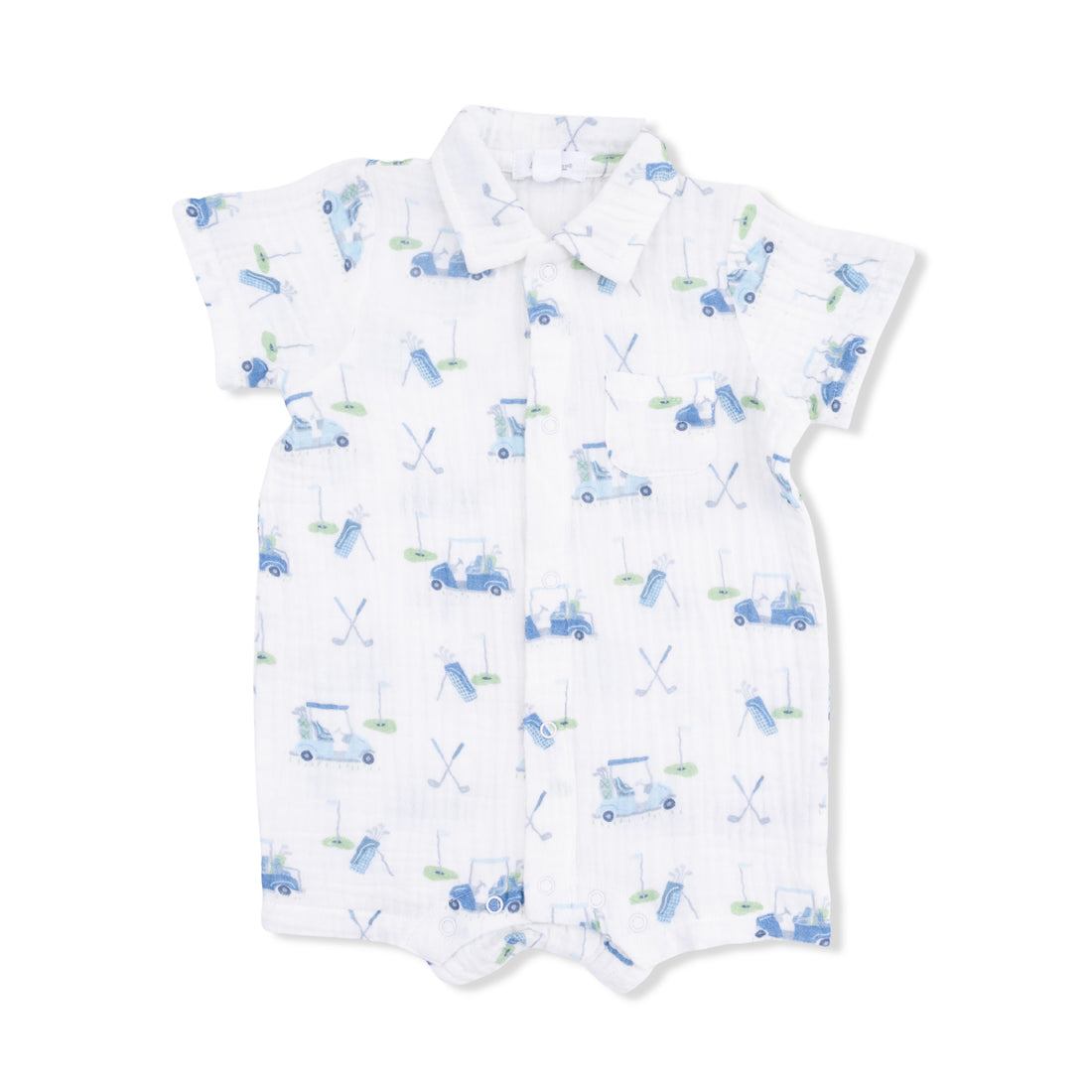 Baby romper with blue car pattern on a white background