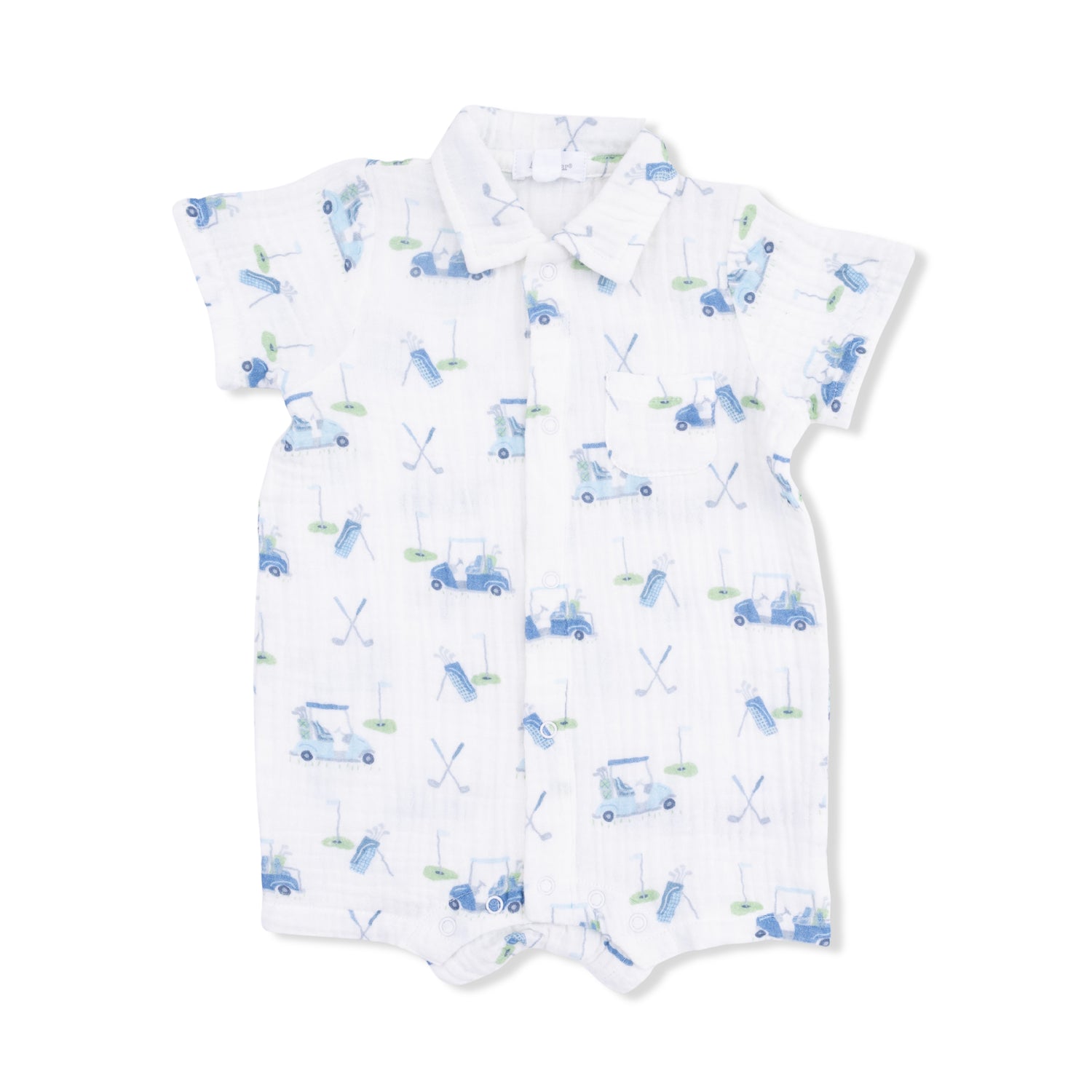 Baby romper with blue car pattern on a white background