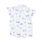 Baby romper with blue car pattern on a white background