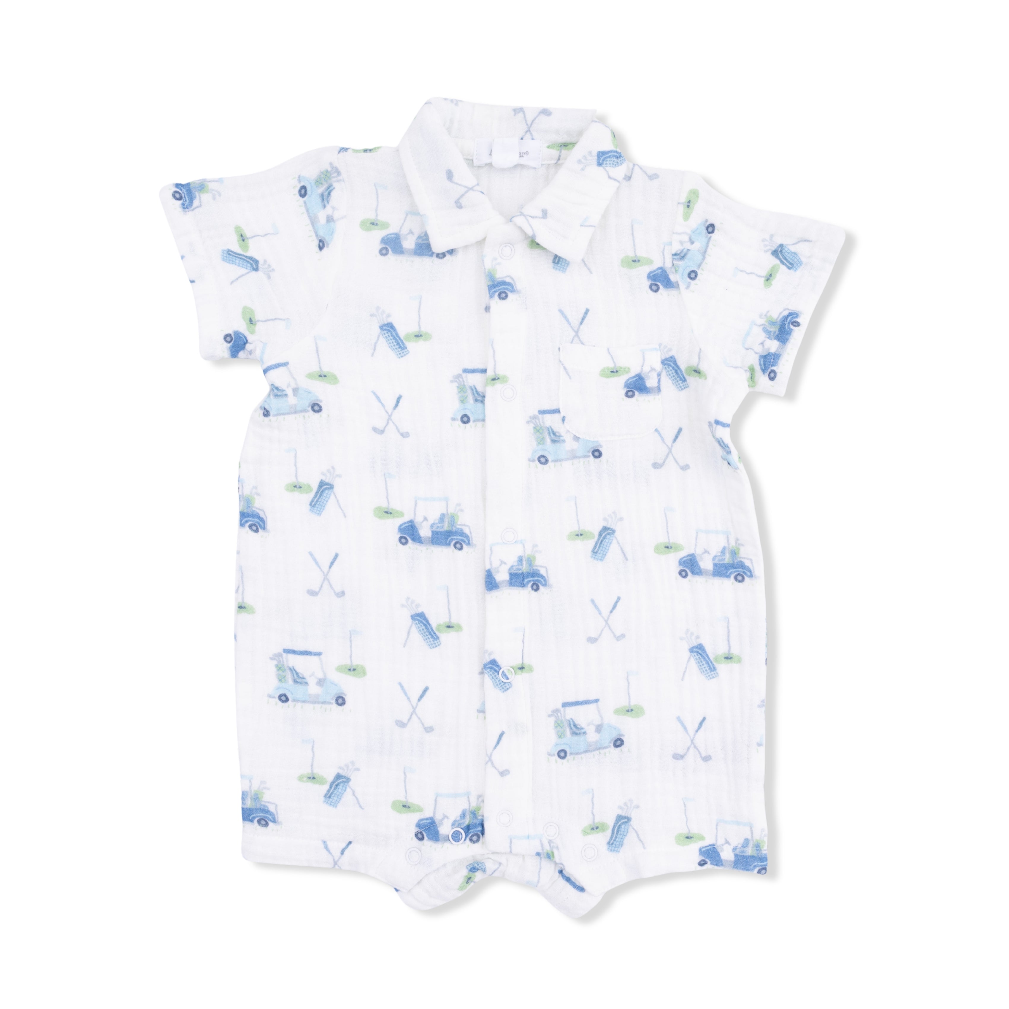 Baby romper with blue car pattern on a white background