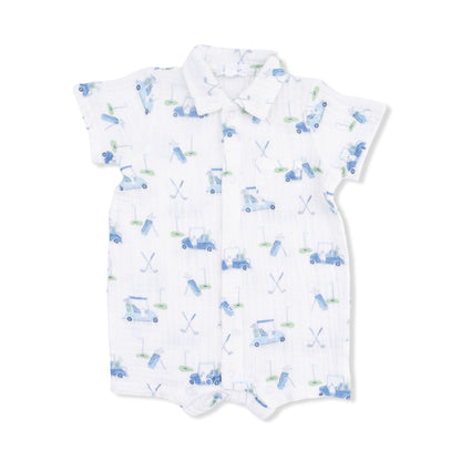 Baby romper with blue car pattern on a white background