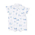 Baby romper with blue car pattern on a white background