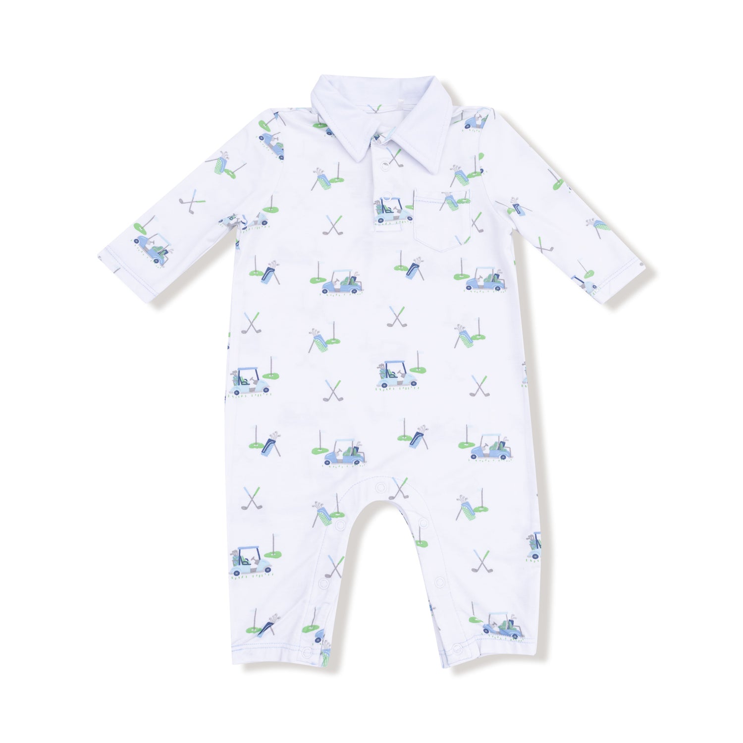 Baby romper with golf-themed print on a white background