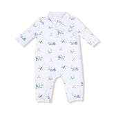 Baby romper with golf-themed print on a white background