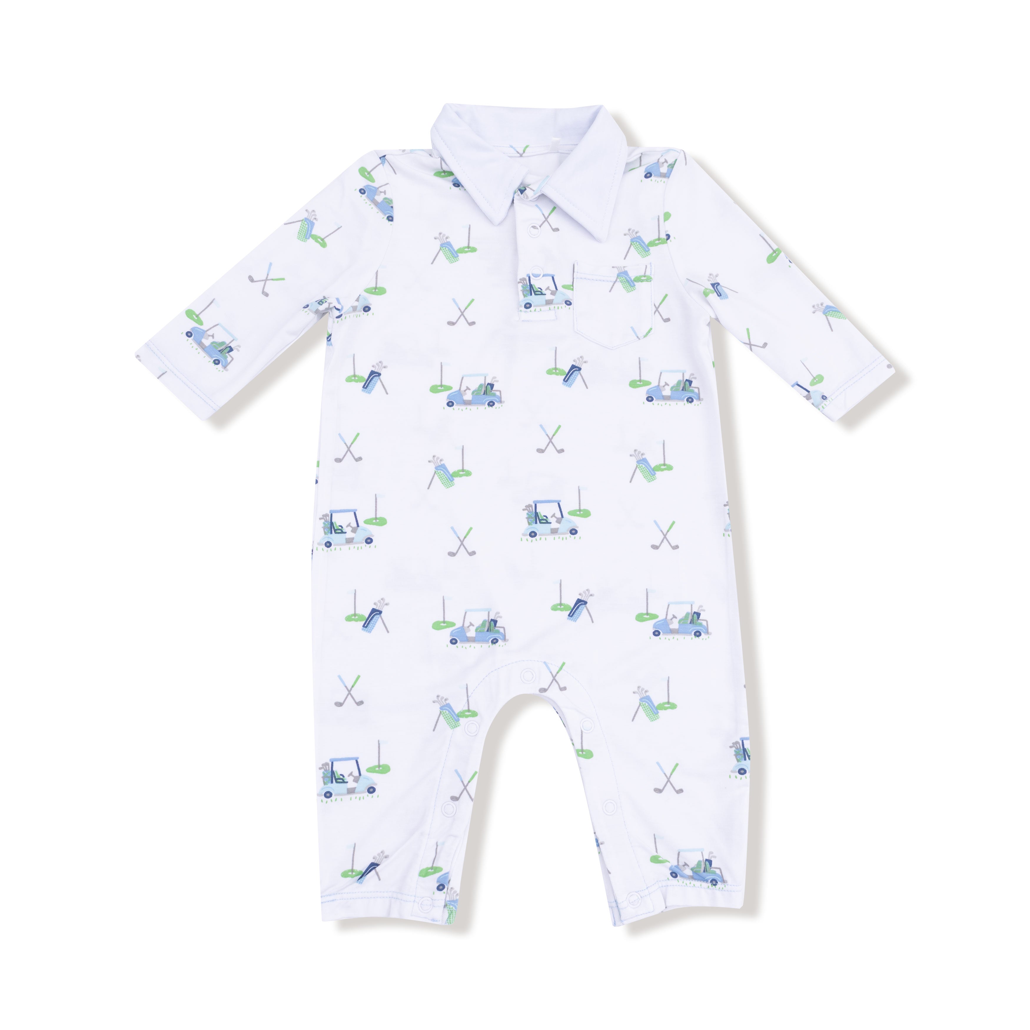 Baby romper with golf-themed print on a white background