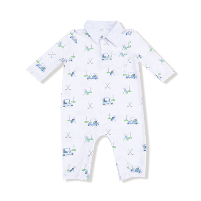 Baby romper with golf-themed print on a white background