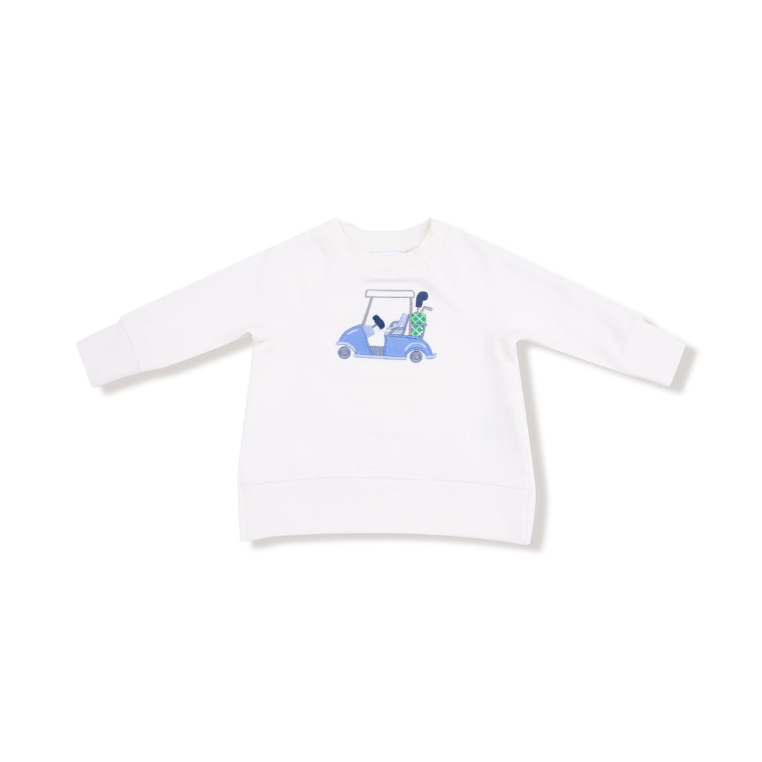 White long-sleeve shirt with a graphic of golf cart on a white background