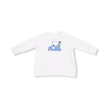 White long-sleeve shirt with a graphic of golf cart on a white background