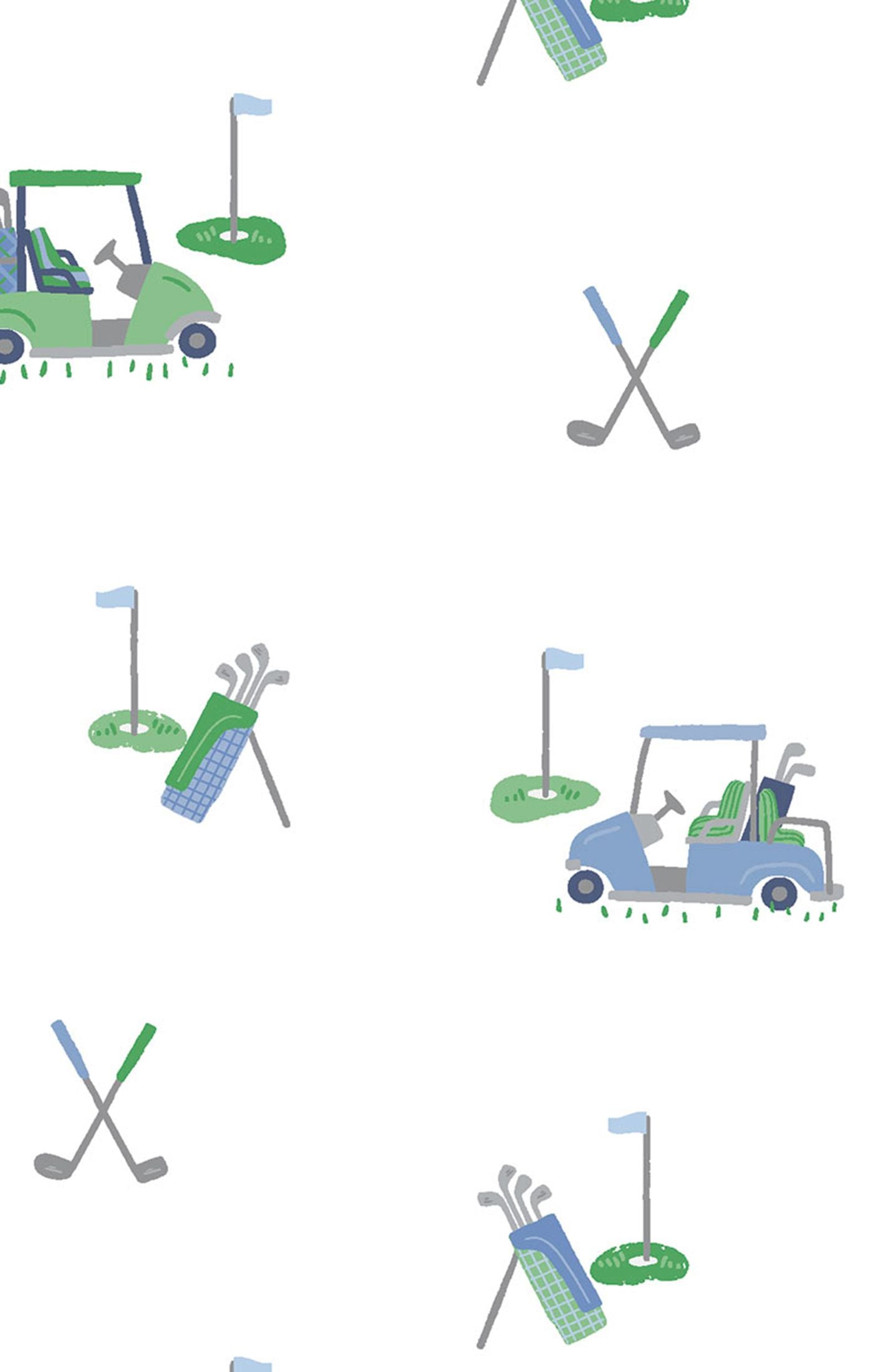 Pattern of golf-related items including carts, clubs, and bags on a white background