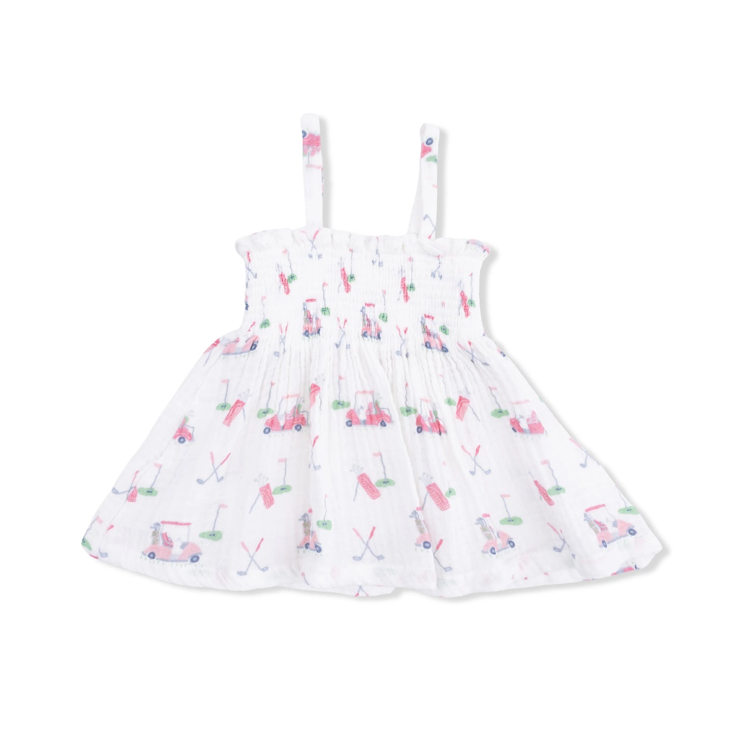 White dress with pink golf pattern on a white background