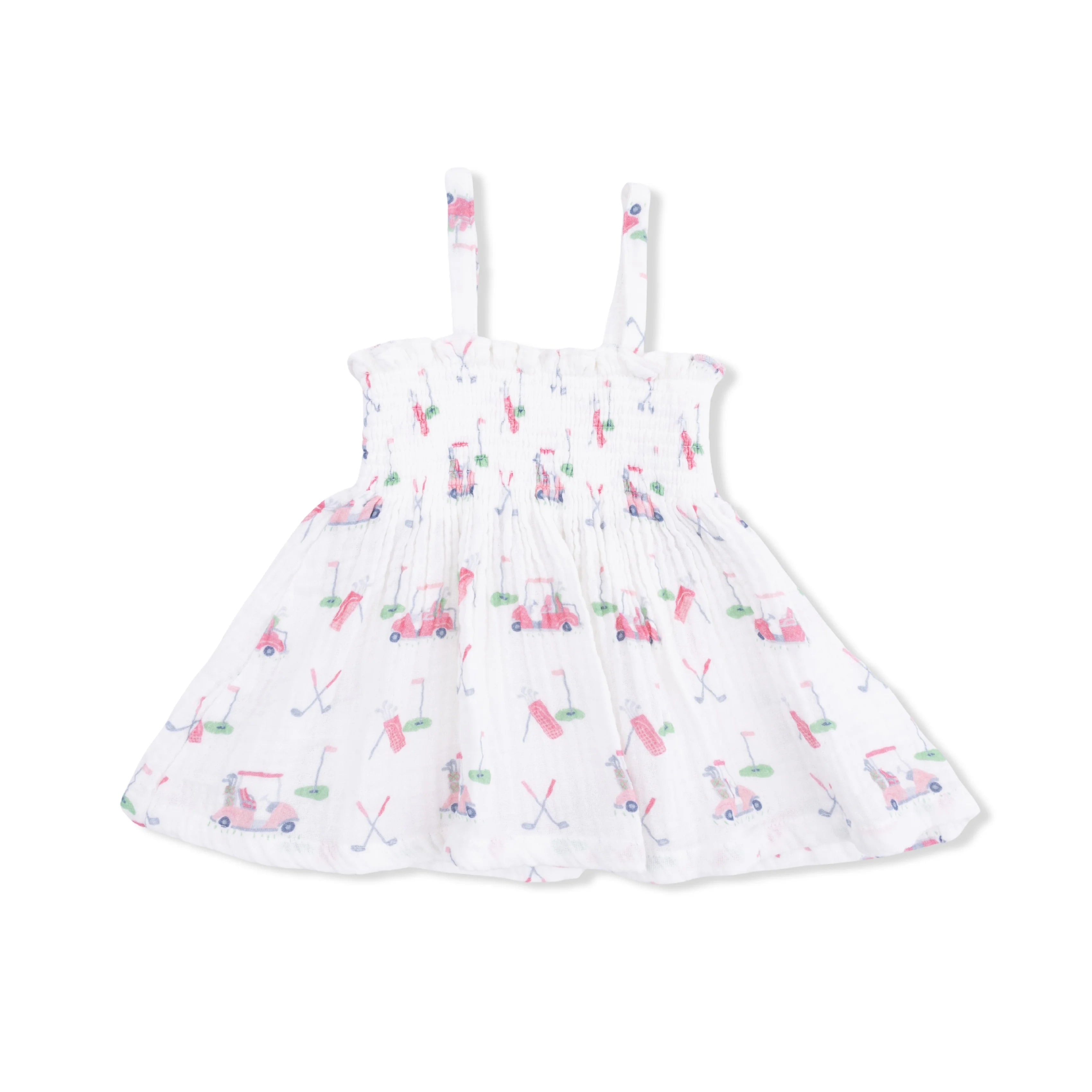 White dress with pink golf pattern on a white background