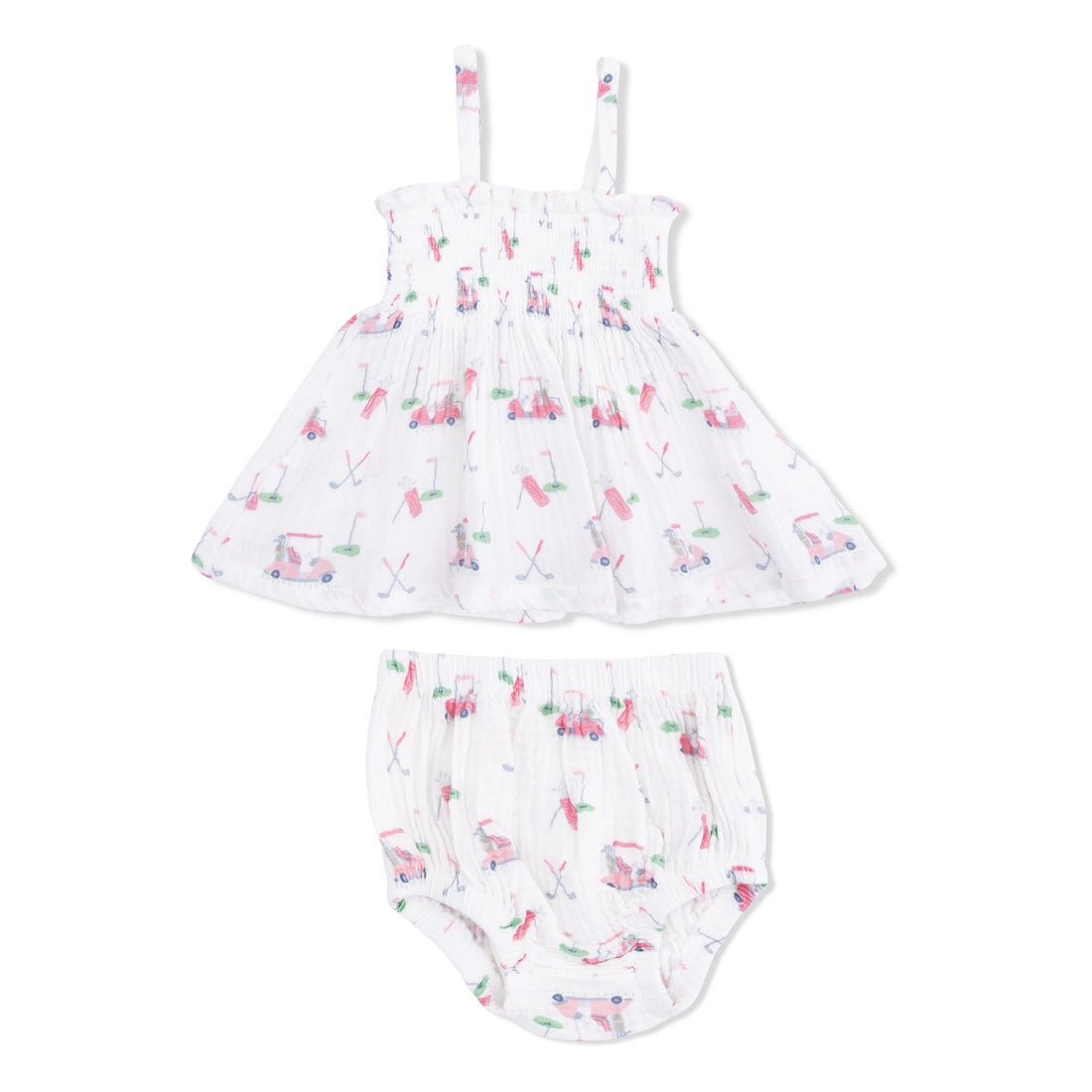 Baby dress and bloomers set with golf pattern on a white background