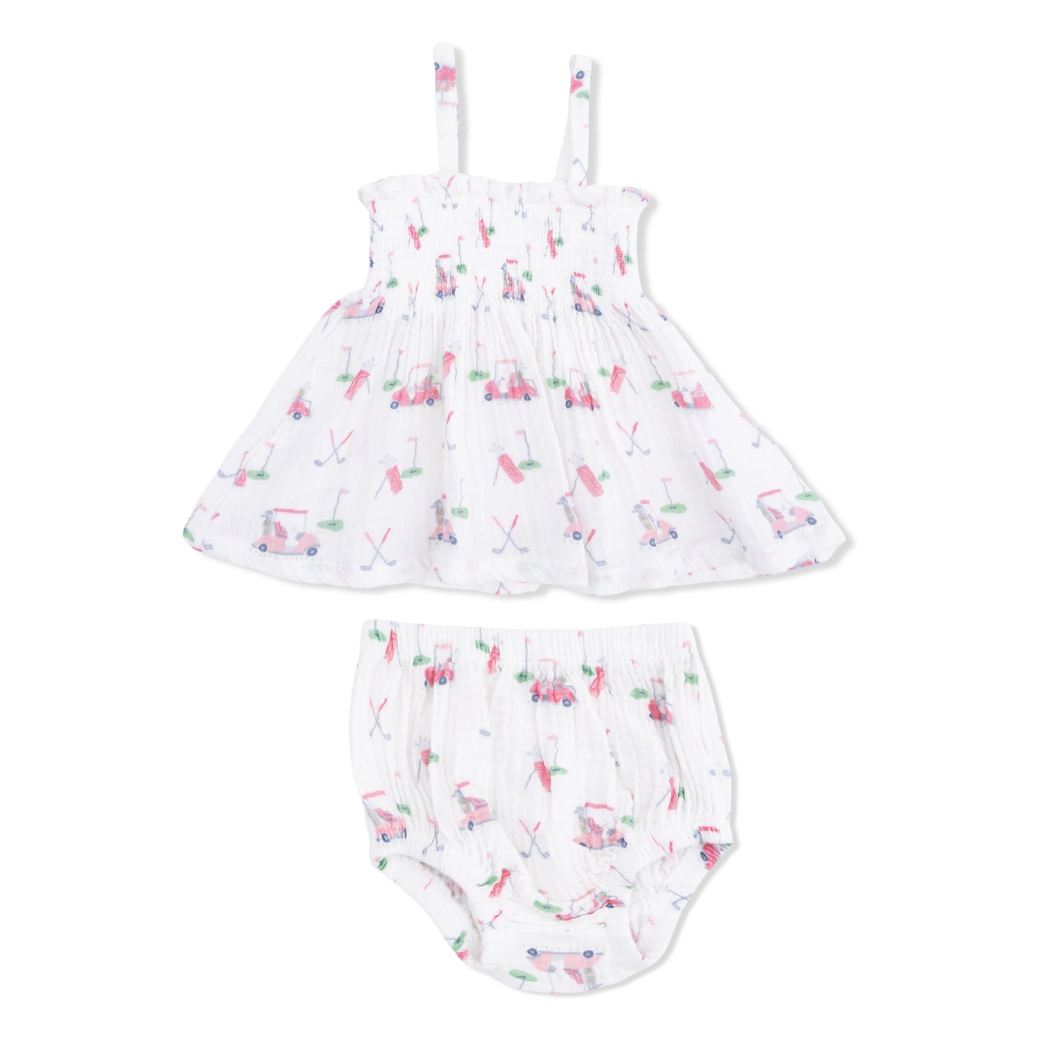 Baby dress and bloomers set with golf pattern on a white background