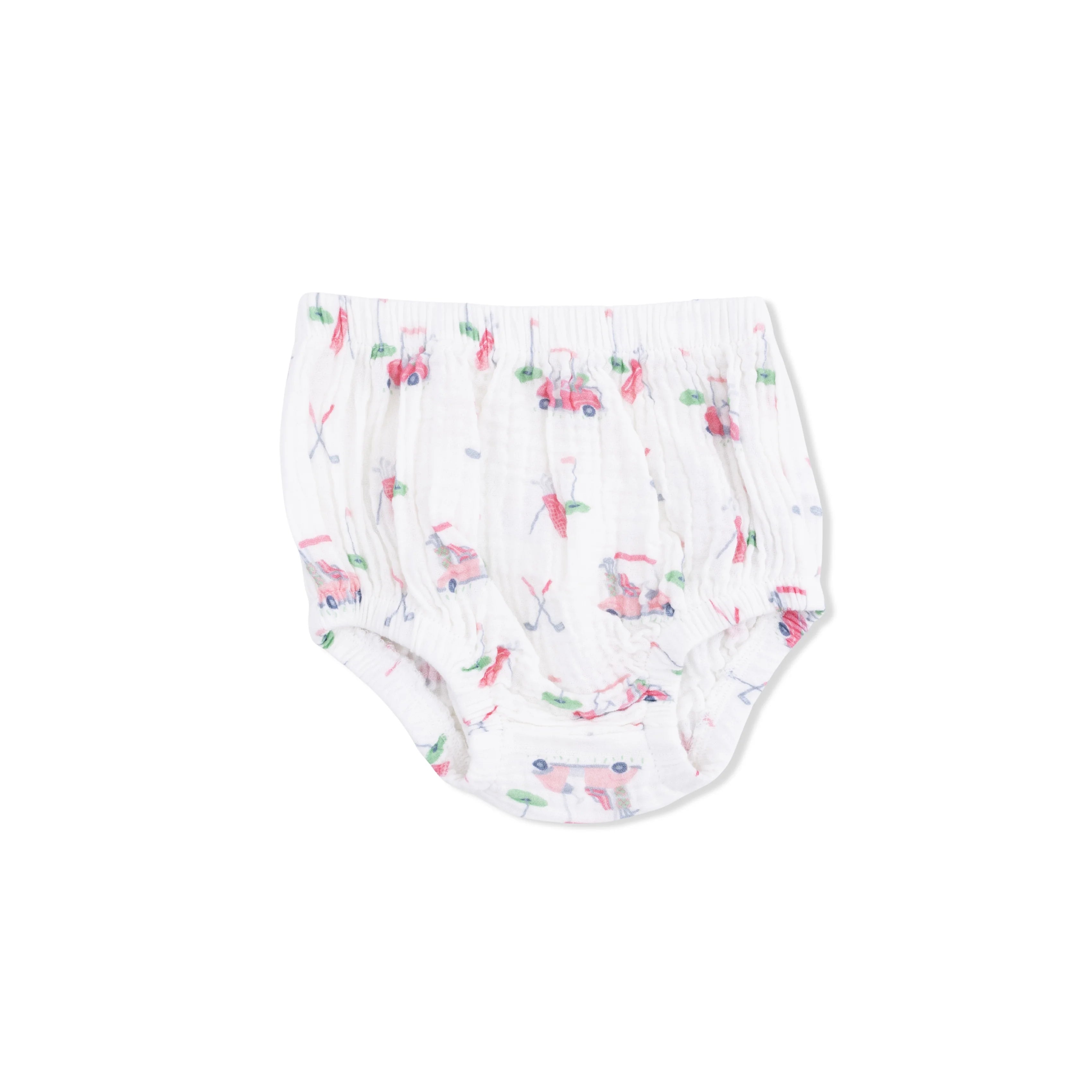 Baby bloomers with golf pattern on a white background