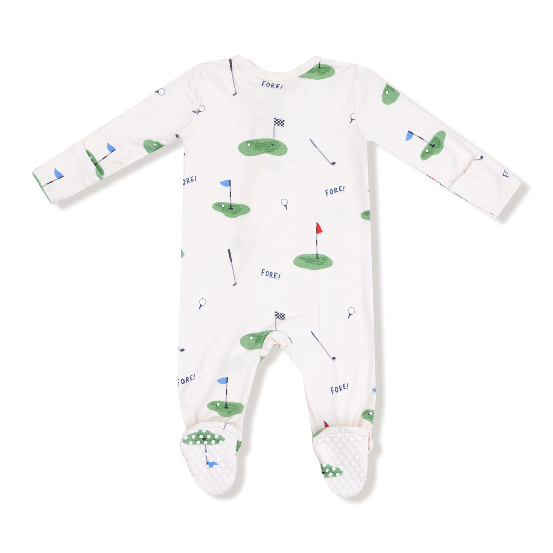 Baby onesie with golf-themed print on a white background