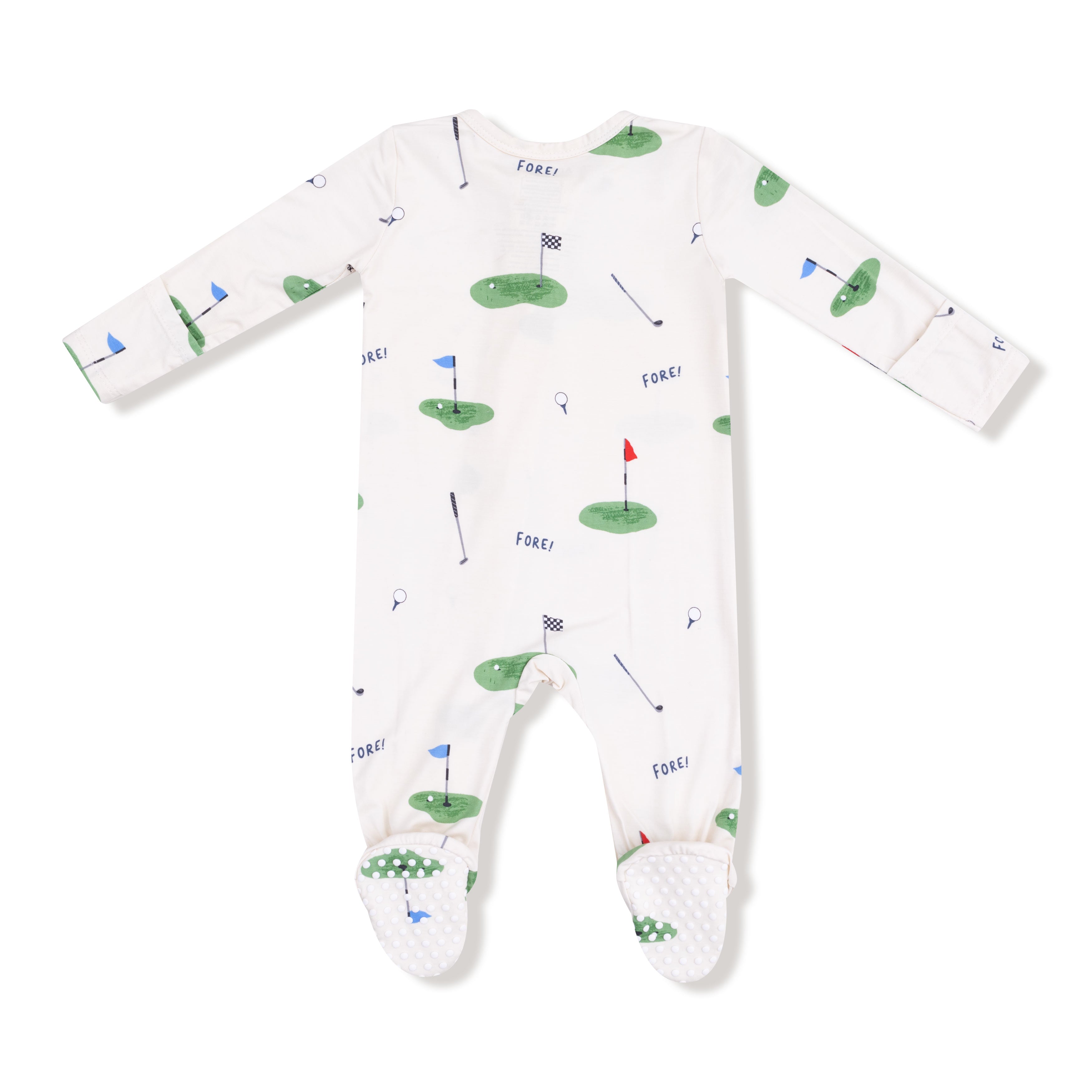 Baby onesie with golf-themed print on a white background