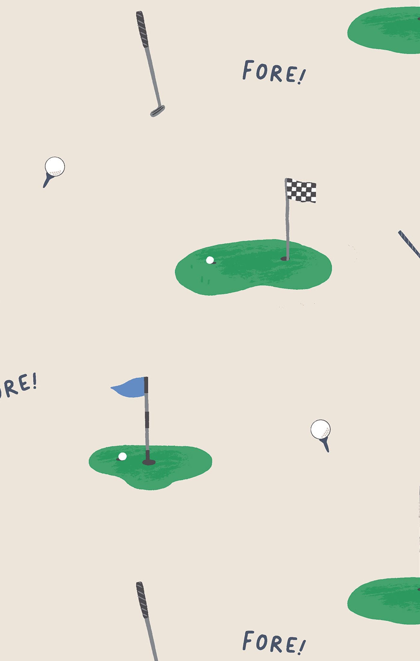 Illustrated golf course pattern with golf balls, clubs, and flags on a beige background.