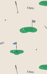 Illustrated golf course pattern with golf balls, clubs, and flags on a beige background.