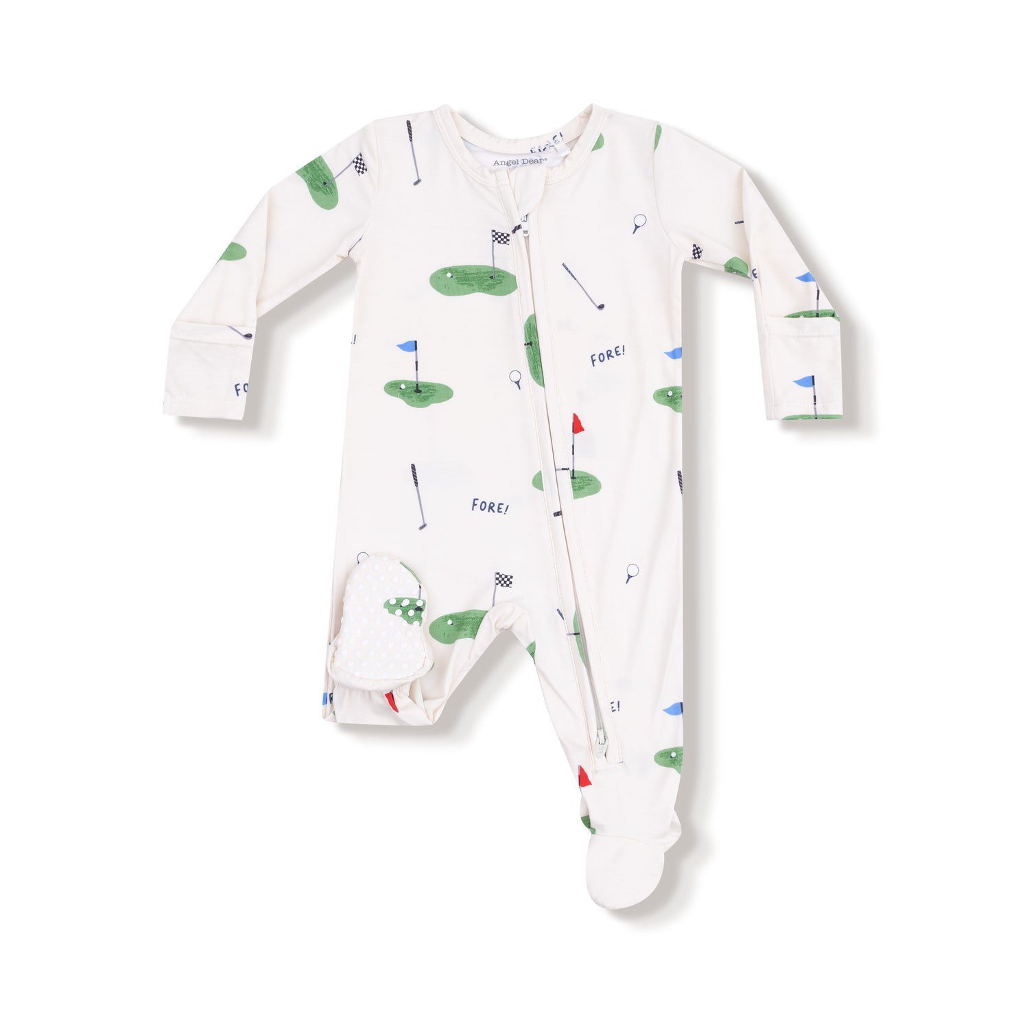Baby onesie with golf-themed print on a white background
