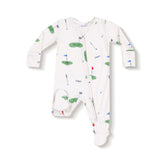 Baby onesie with golf-themed print on a white background