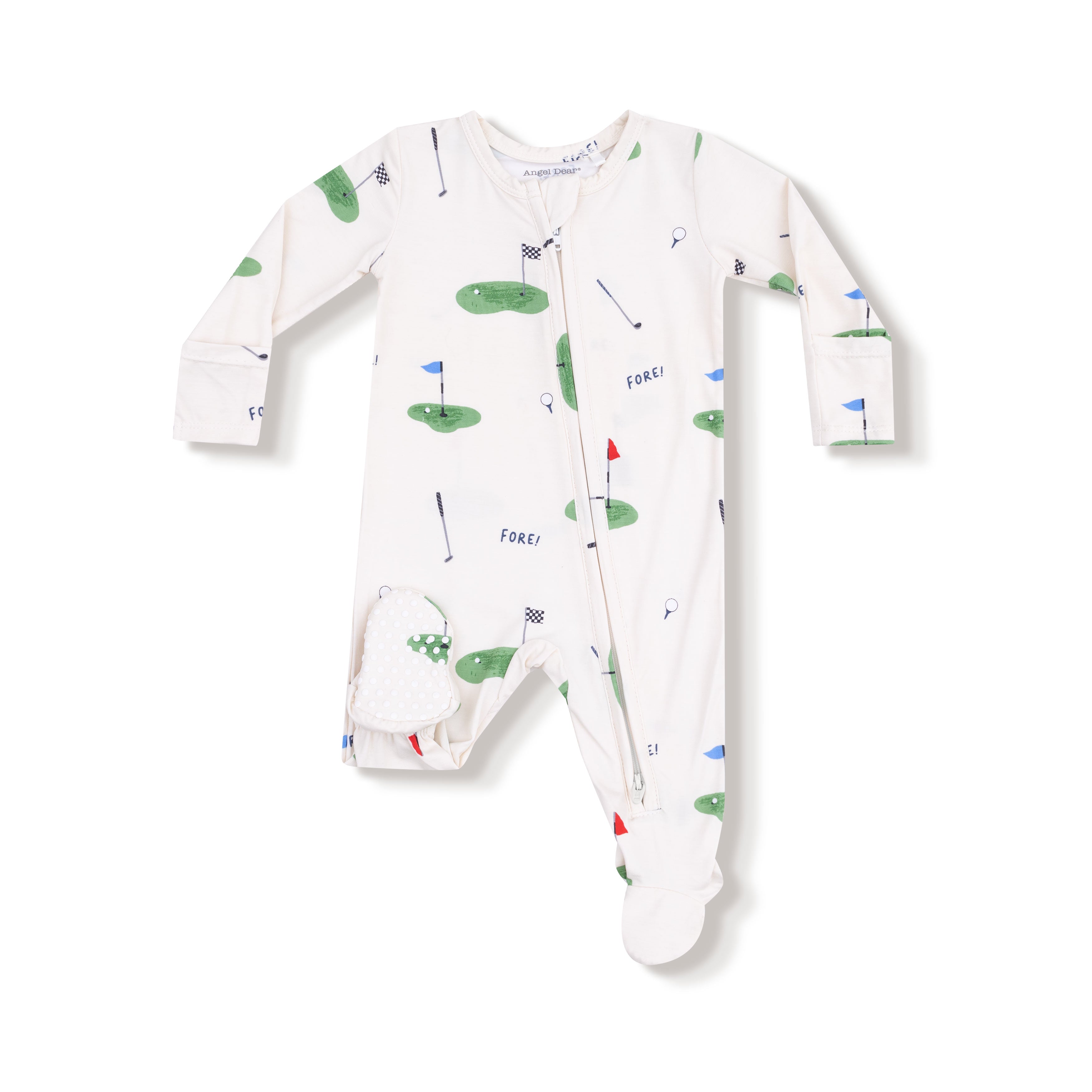 Baby onesie with golf-themed print on a white background