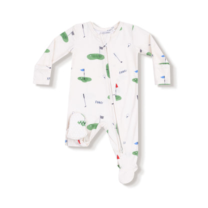 Baby onesie with golf-themed print on a white background