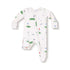 Baby onesie with golf-themed print on a white background