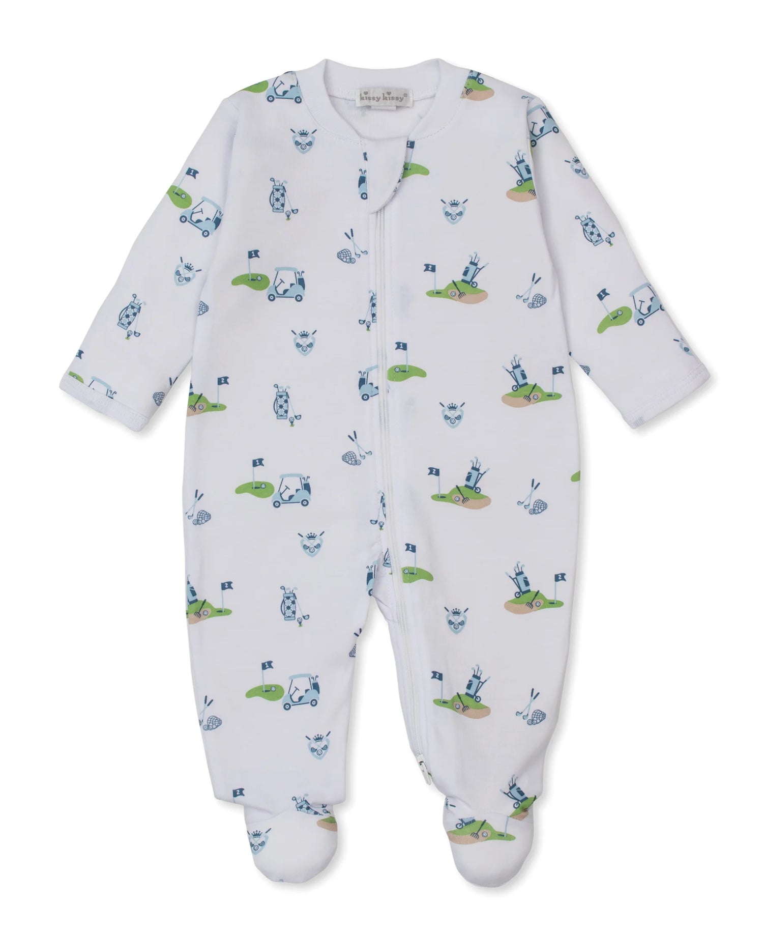 white footie with blue and green golf bags and carts and tees