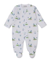 white footie with blue and green golf bags and carts and tees