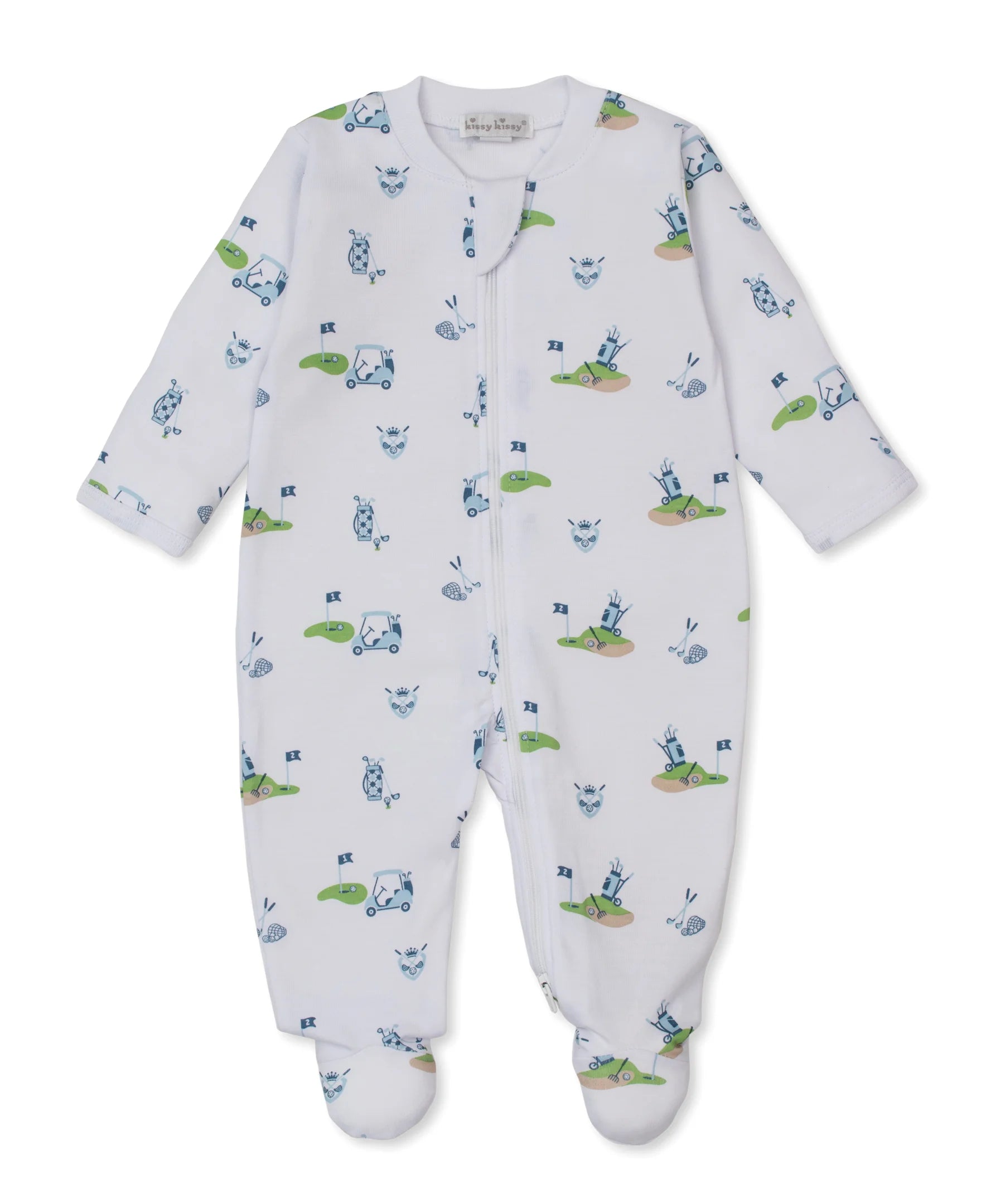 white footie with blue and green golf bags and carts and tees