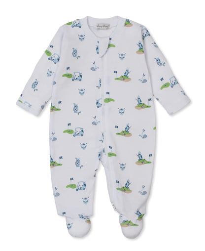 white footie with blue and green golf bags and carts and tees