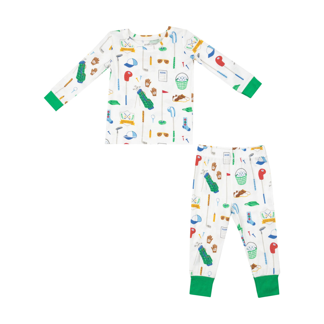 white two piece pajamas with golf designs all over
