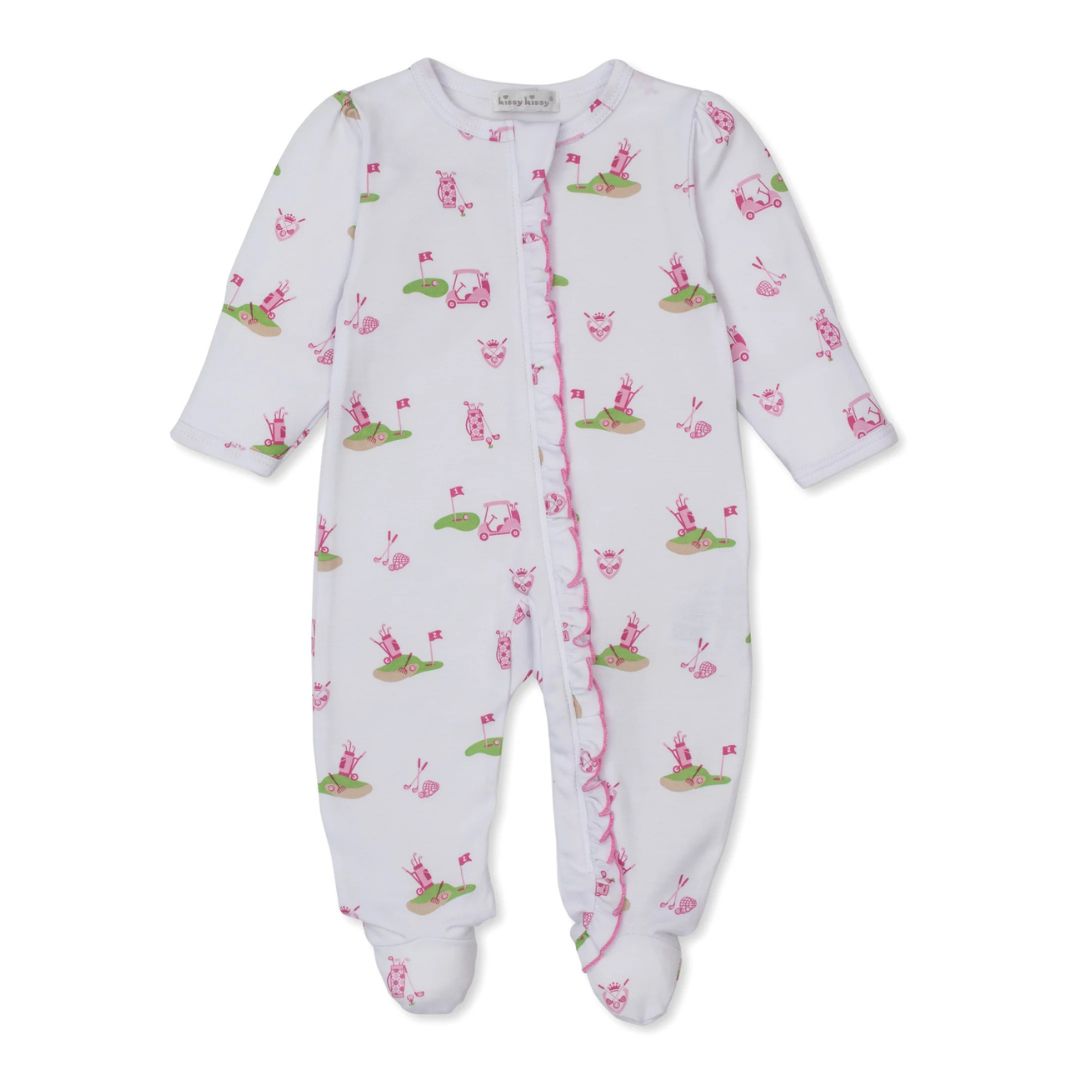Baby onesie with pink and green patterns on a white background