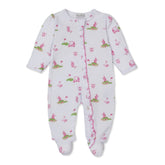 Baby onesie with pink and green patterns on a white background