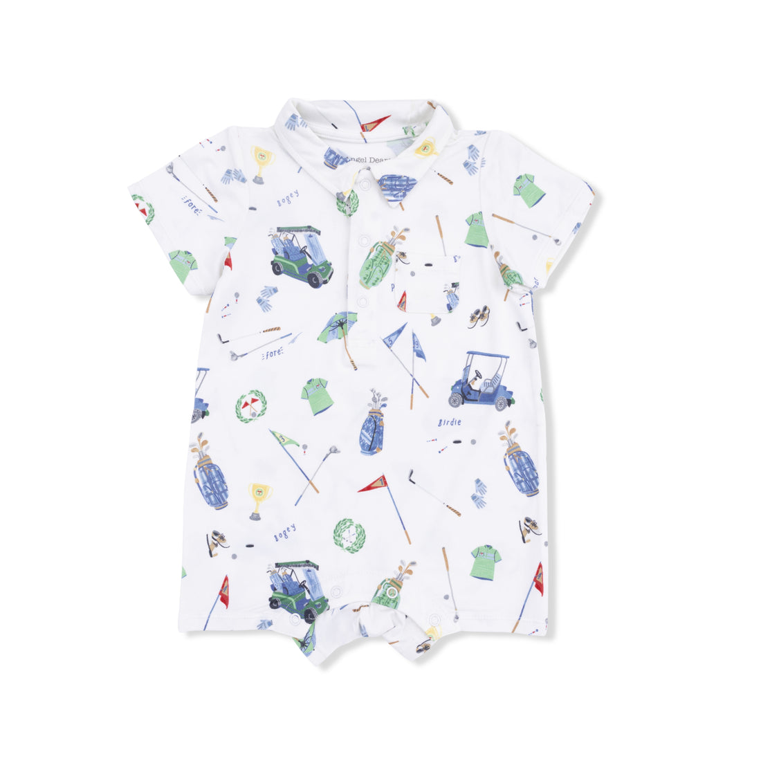 Baby romper with golf-themed pattern on a white background