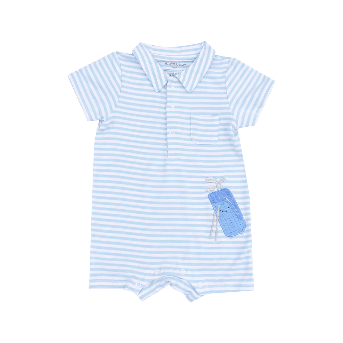 blue striped romper with golf bag