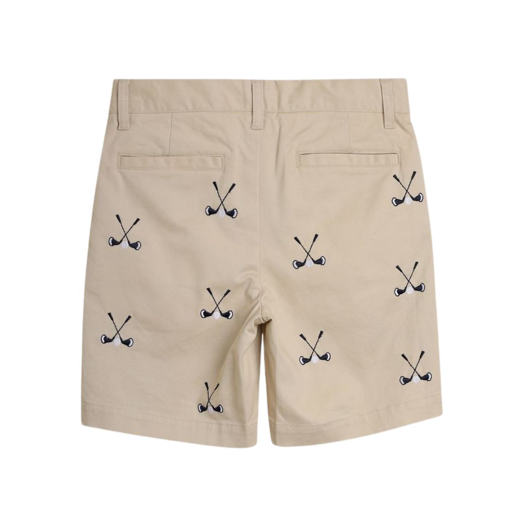 Beige shorts with black golf club pattern on a white background