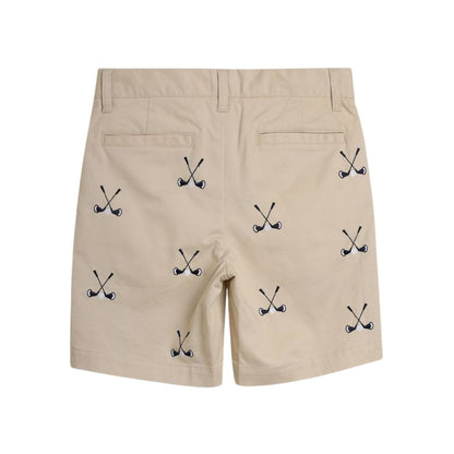 Beige shorts with black golf club pattern on a white background
