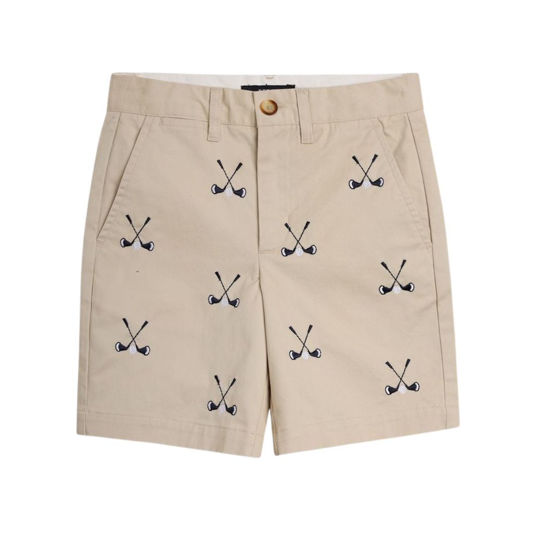 Beige shorts with black golf club pattern on a white background