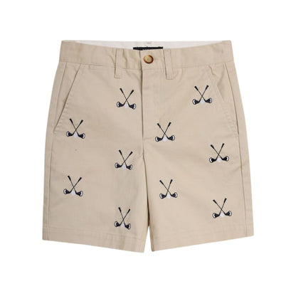 Beige shorts with black golf club pattern on a white background