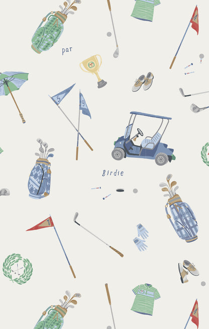Golf-themed wallpaper with various golfing elements on a white background
