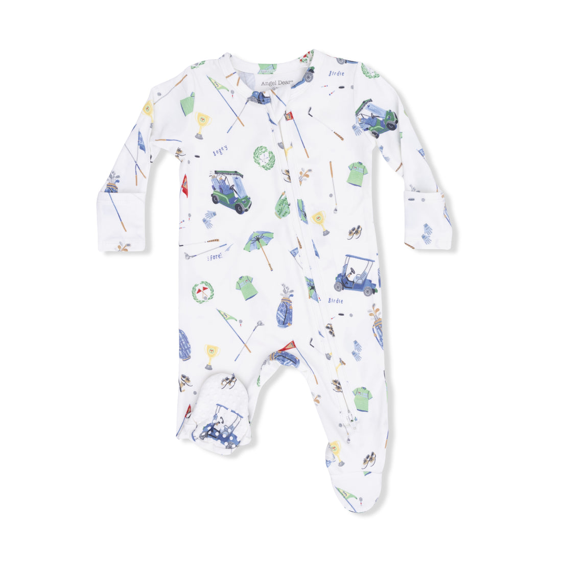 Baby onesie with golf-themed print on a white background