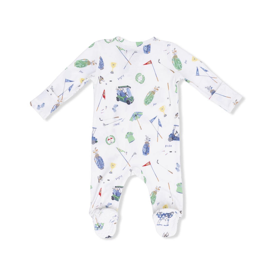 Baby onesie with golf-themed print on a white background