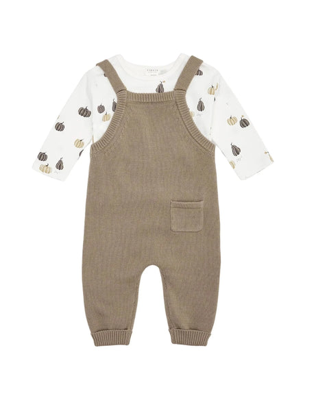 gourd onesie underneath with knit overalls on top