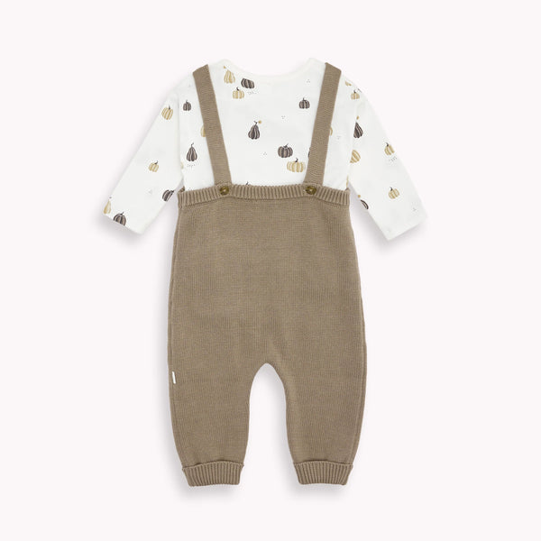 gourd onesie underneath with knit overalls on top