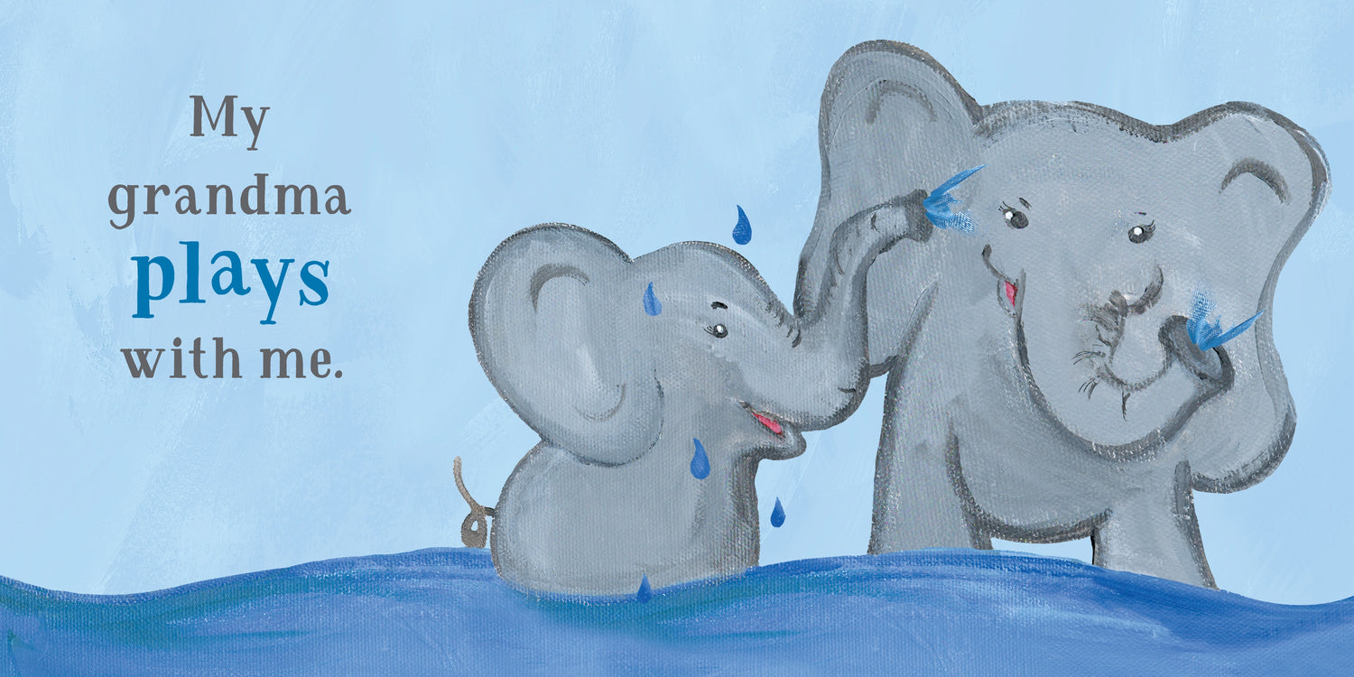 Two elephants playing in water with text &