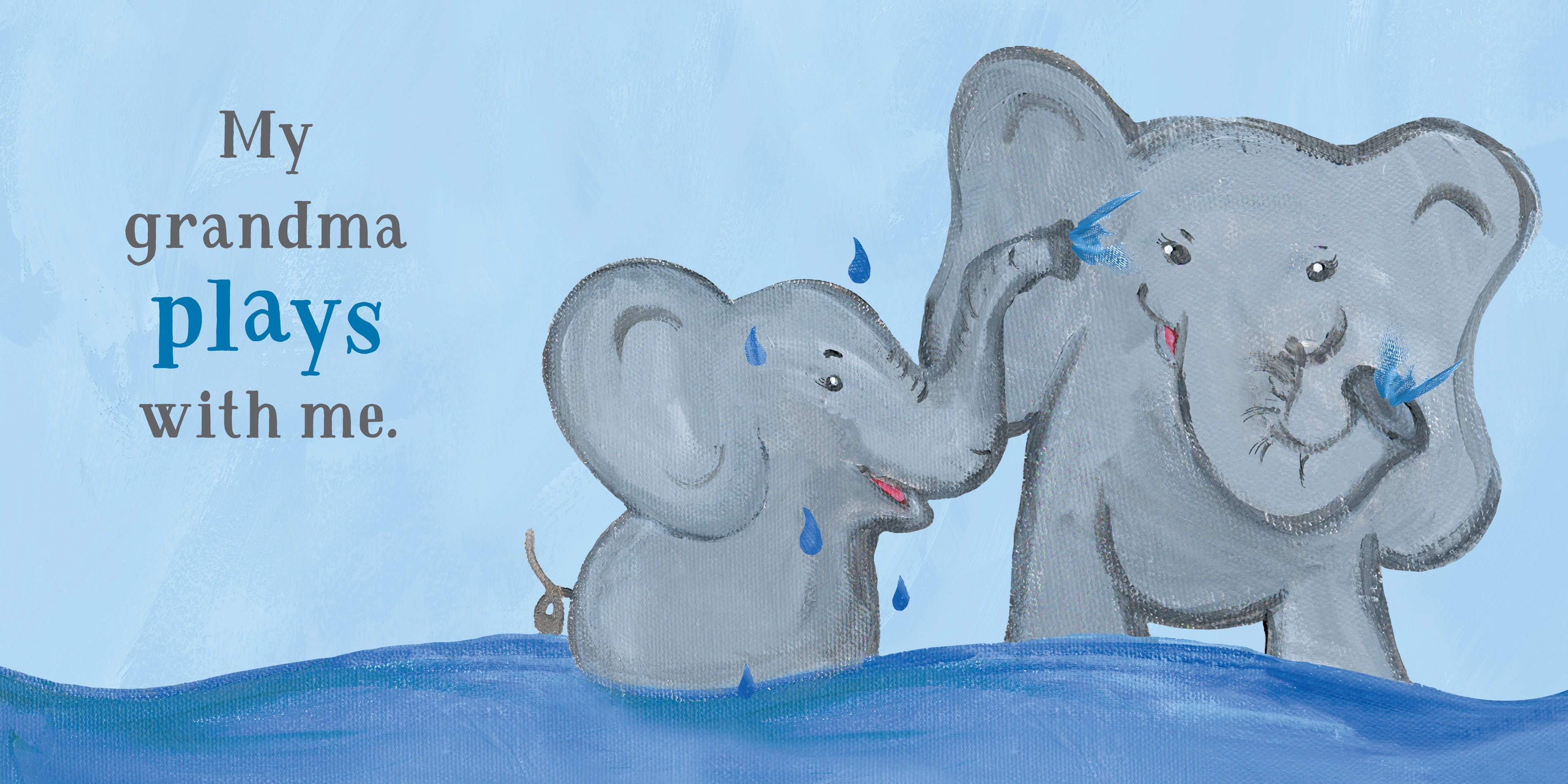 Two elephants playing in water with text &
